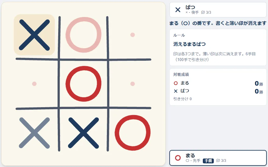 消えるまるばつを「ふたりで対戦」で遊んでいる画面。〇の番で、次に消える〇の印が薄く表示され、右に「書くと薄い印が消えます」と出ている