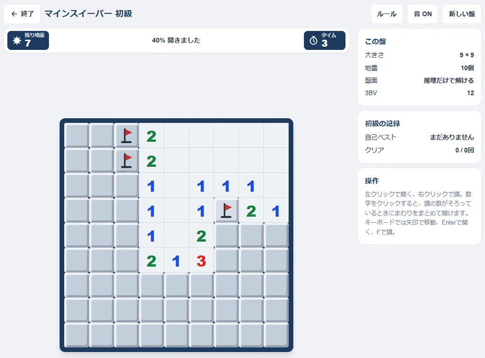初級の対局画面。盤の左上に旗が3本立ち、右側に盤の大きさ・地雷の数・推理だけで解ける盤面であること・3BVが表示されている
